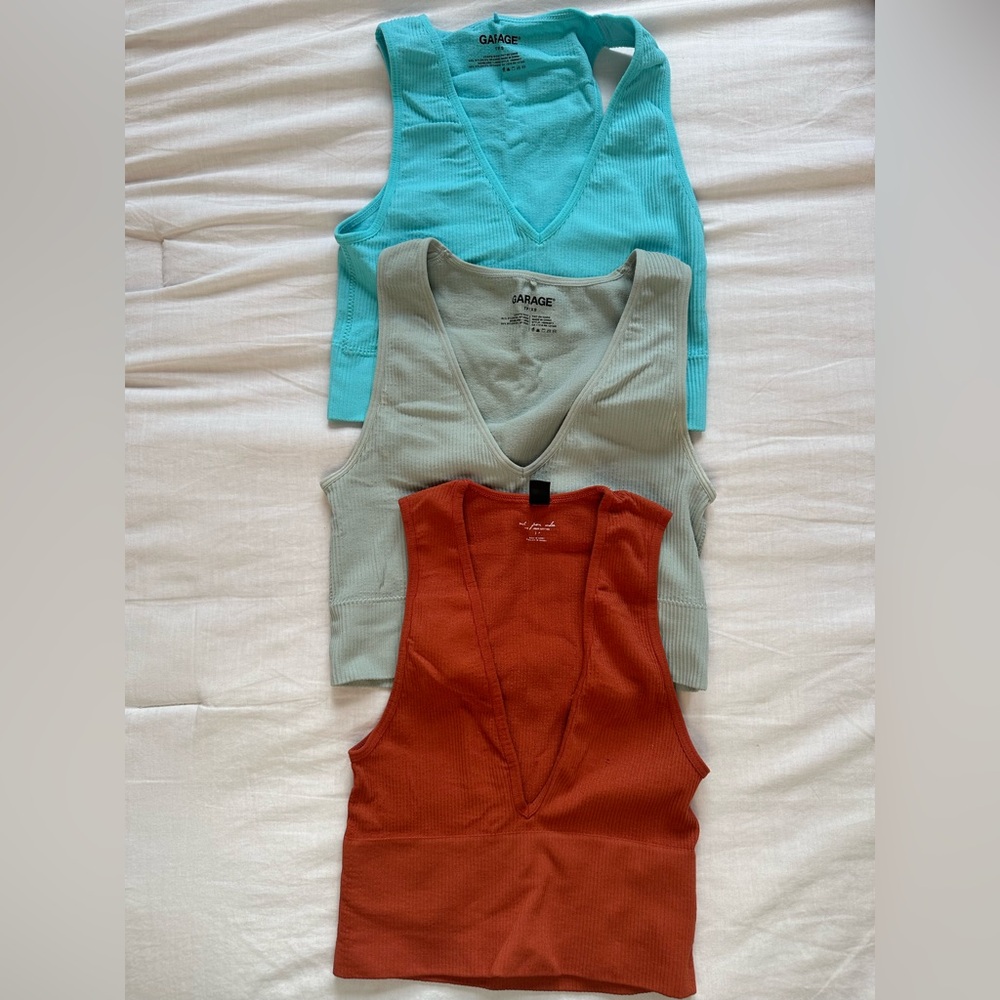 3 TOP BUNDLE. Deep plunge v neck tank tops in turquoise, sage green, & rust.